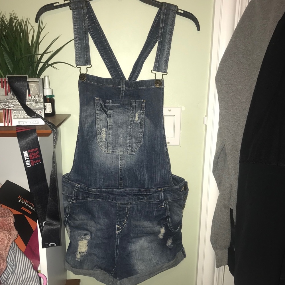 Dark wash overall shorts